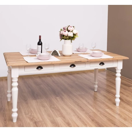 Tölgyfa étkezőasztal fenyőfa lábbal 3 fiókos - lavintagehome.hu