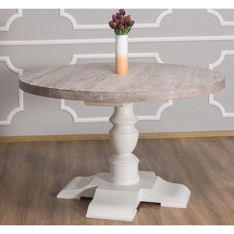 Kerek fenyőfa étkezőasztal faragott lábbal 130cm - lavintagehome.hu