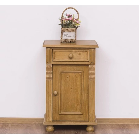 Fenyőfa éjjeliszekrény 1 ajtós, 1 fiókos, díszes - lavintagehome.hu