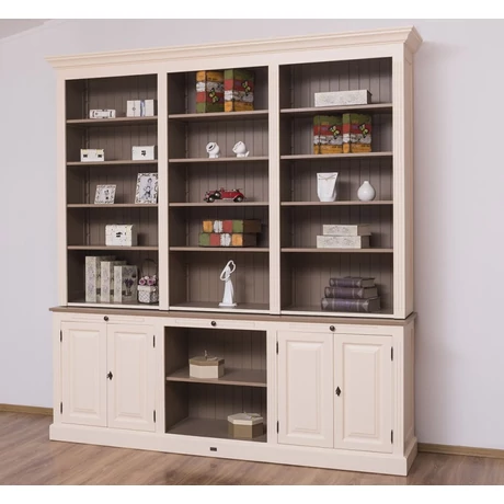 Fenyőfa könyvszekrény 4 ajtós, polcos, fiókos - lavintagehome.hu