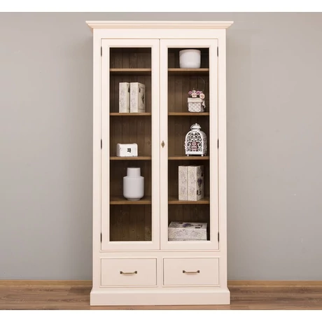 Fenyőfa vitrin üvegajtós, 2 fiókos - lavintagehome.hu